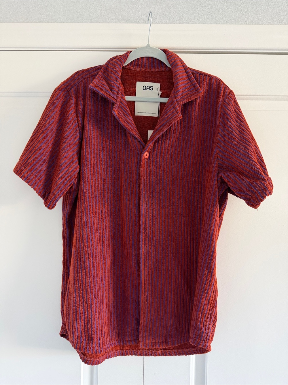 OAS Deep Cut Cuba Short-Sleeve Terry Button-Down Shirt- Large